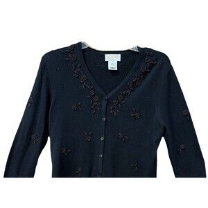 Talbots Silk Cashmere Sz S  Beaded Trim black button cardigan Luxury Minimalist